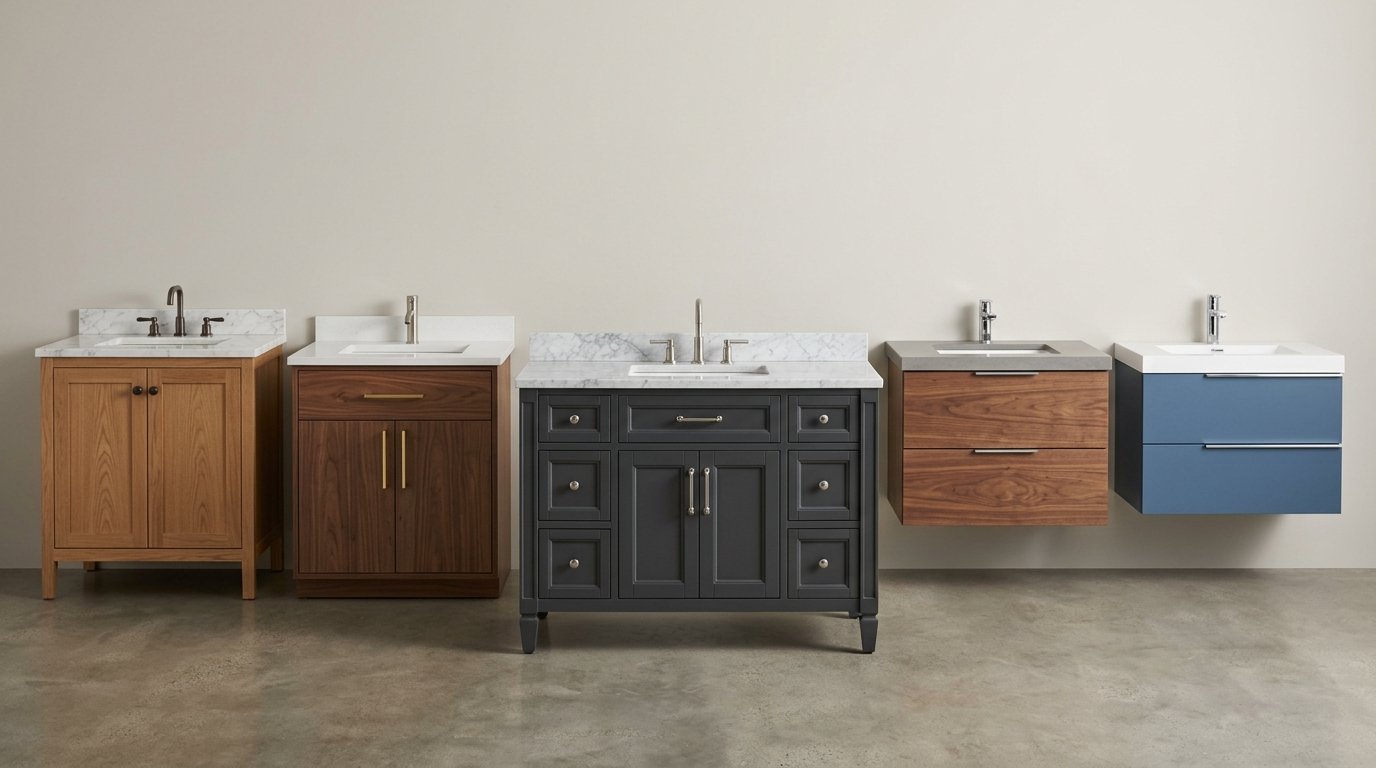 Wood bathroom vanity with white sink